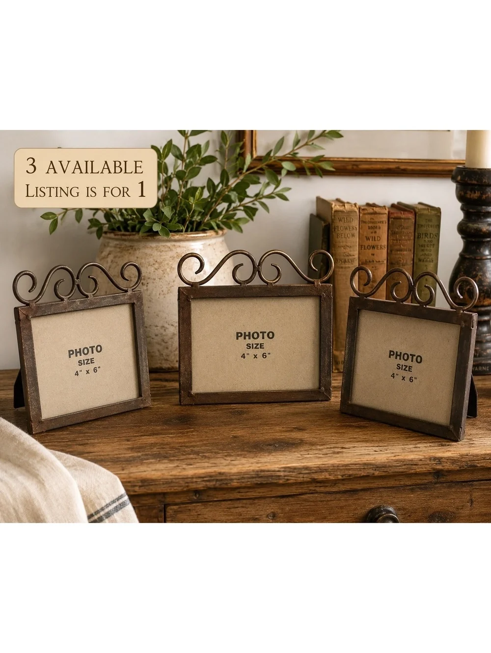 Heavy Metal Scroll Top 4x6 Picture Frame Rustic Brown Farmhouse Decor